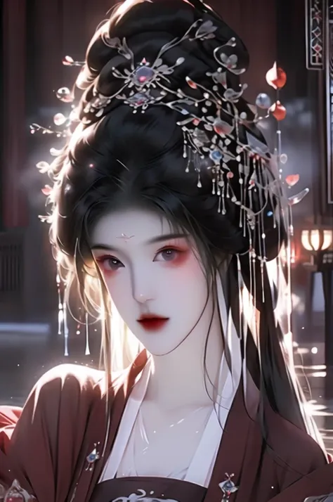 black hair, immortal cultivation, royal sister, white robe, hime cut, hair scrunchie, romanticism, gothic art, ray tracing, cine...