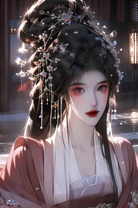 black hair, immortal cultivation, royal sister, white robe, hime cut, hair scrunchie, romanticism, gothic art, ray tracing, cine...