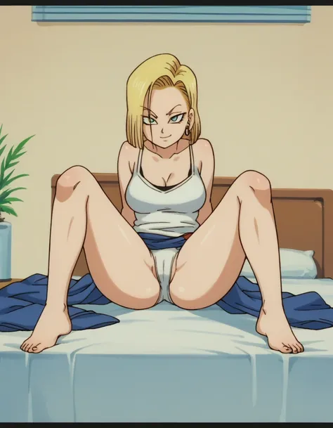 zPDXL, score_9, score_8_up, score_7_up, source_anime,
1girl, solo, drgbls1, android 18 naked, smug, bedroom, legs spread apart 