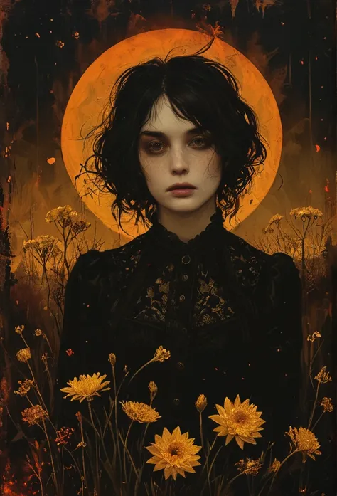 her demon army took chrysanthemums and daffodils at the burnt ends., twilight, สารglow, glow,ภาพสีน้ำมัน