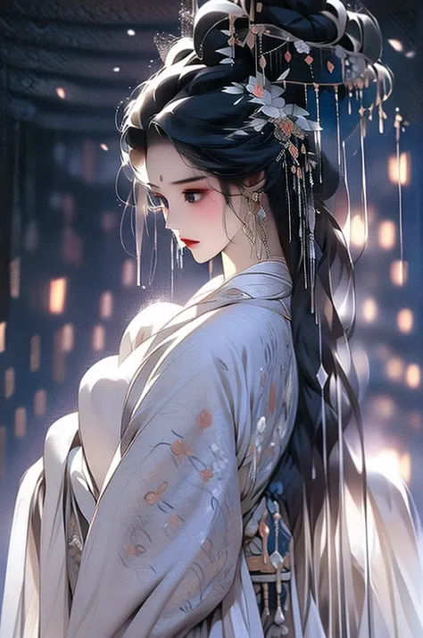 black hair, immortal cultivation, royal sister, white robe, hime cut, hair scrunchie, romanticism, gothic art, ray tracing, cine...