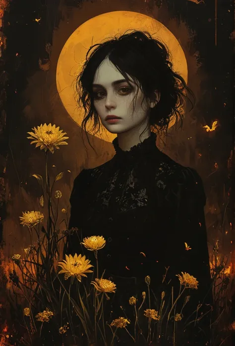 her demon army took chrysanthemums and daffodils at the burnt ends., twilight, สารglow, glow,ภาพสีน้ำมัน