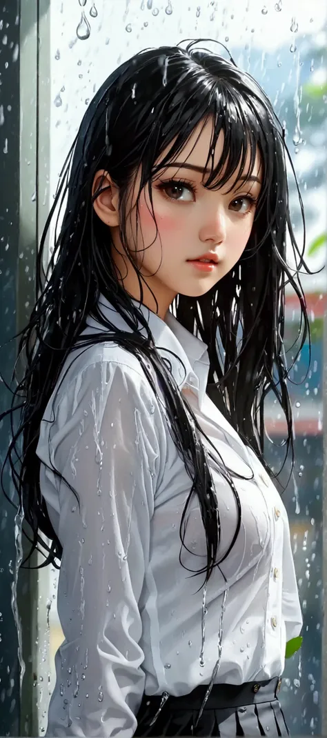 ((nipples visible through a wet white shirt))、no underwear、full body view、long straight black hair、high school student、uniform、s...