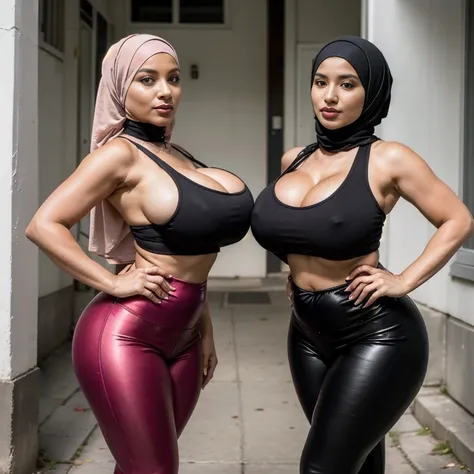 (portrait), side, In an unoccupied empty alley, two exceptionally voluptuous mature 35-year-old  (Muslim) moms proudly (stood side by side showcasing their curves to viewer). Their (muslim) naughty faces radiate innocence and charm, captivating everyone wh...