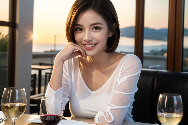 ((Highest quality、8K、masterpiece:1.3))、cute、slimカップル、modelカップル、actress男優、(Realistic, Intricate details:1.2), full-course dinner、Wine Party、Amazing view of the sunset sky and clouds、A bright smile、short hair,Bright Face、 (Age 45), 42 years old, red wine 、Ap...