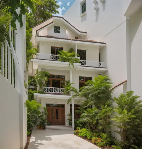 exterior of white modern house, daylight, stair, tropical trees and plants, garden,
(high detailed:1.2), raw photo, 8k uhd, dslr...