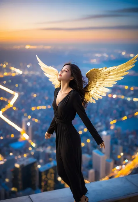 This image depicts an angel woman hovering over a city at night. The city lights create a golden and dramatic atmosphere, while its delicate presence and dark wings contrast with the urban environment. The woman seems protective and vigilant.