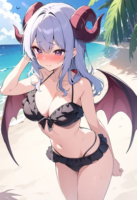 18-year-old,Succubus,Ruffled bikini,Tight waist,A beautiful woman,Beautiful breasts,Outdoor,Beach,Goat horns on the sides of the head,bat wings on the back,,Embarrassed