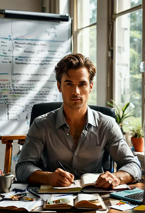 Create a realistic, detailed portrait of a handsome man recording his progress. The man should be seated at a modern desk in a well-lit office environment. He has a confident and focused expression on his face, with eyes that convey determination and clari...