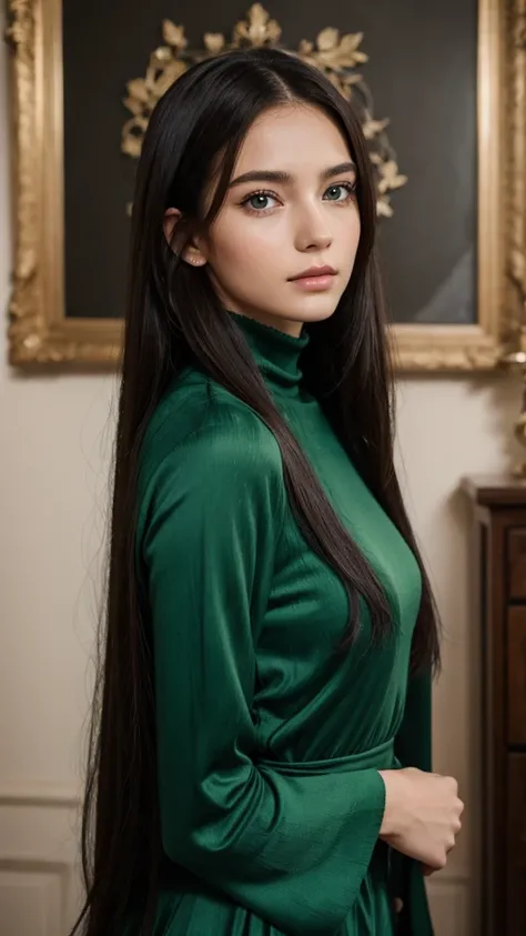 portrait, a European woman, highly detailed facial features, Captivating eyes, oval face, her hair is entirely green, Her face is very charming, wistful charm, flawless complexion, long sleek hair framing the face