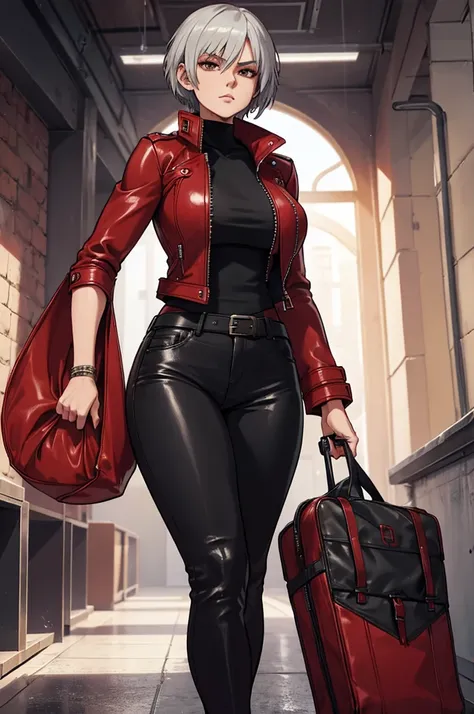 A demon hunter with short silver hair wears a long red leather jacket with intricate details, paired with tight black pants and tall boots. She is not wearing anything under her red jacket, leaving her huge, firm breasts exposed.