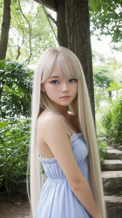 plein air、Swinging bangs、Very beautiful 18 year old cute girl、Young and beautiful white skin、Sexy and very beautiful、A very pretty face with ultimate beauty、Super long platinum blonde hair、Smooth, long, straight hair、Big, clear, blue eyes、Eyeliner、High ,Ja...