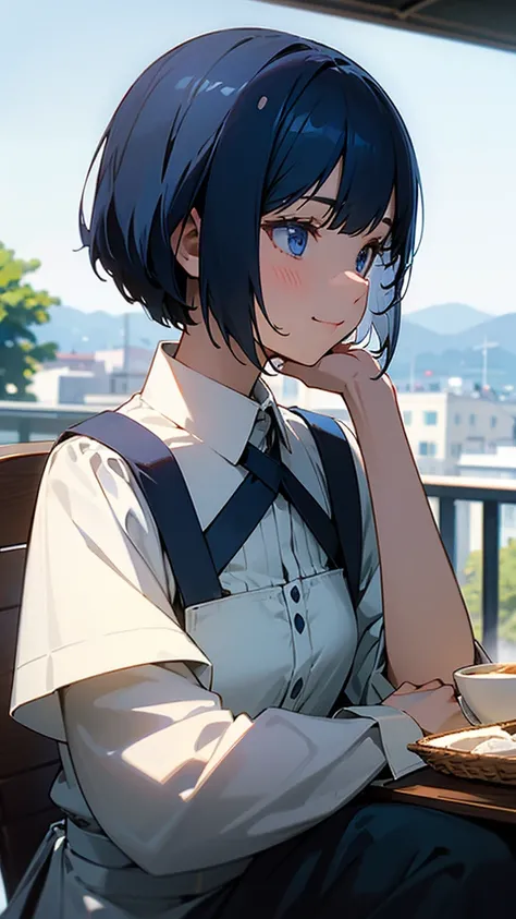 １girl、Dark blue hair、Short Bob Cut、Straight hair、blue eyes、smile、profile、Face close-up、Morning Cafe Terrace、Background blur, Written boundary depth