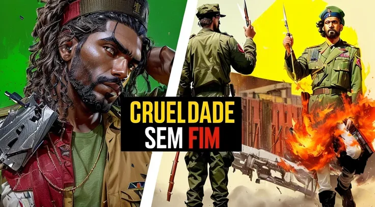 two photos of a man in military attire holding a knife and a box, youtube thumbnail, Kyrie Irving como Che Guevara, seu madruga, LeBron James as Che Guevara, by Cesar Andrade Faini, kinematics", firenado, sempe, cinematic, 🌻🎹🎼, Fim ainda, by Emílio Grau Sa...