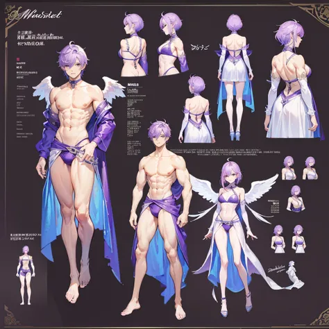 (Masterpiece, best quality), detailed, 1 man, ((character concept art)), ((character design sheet, same character, front, side, back)), full body, body complete, 1 Male angel, 1 Man angel, Detailed face, character design sheet，full bodyesbian, Highly detai...