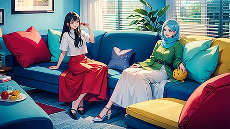 24-year-old girl, a wide smile with a modern-colored long hijab, a long skirt, beautiful shoes, and a sofa in a cozy, quiet, modern-colored well-lightened apartment. 