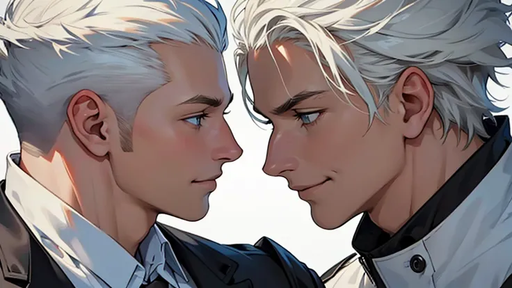 ((best quality)), ((work of art)), ((detailed)), young man with short white hair, in profile, smiling
