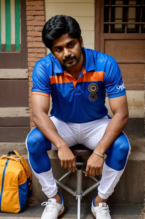 A man sitting one bike wearing indian cricket jersey name prathap
