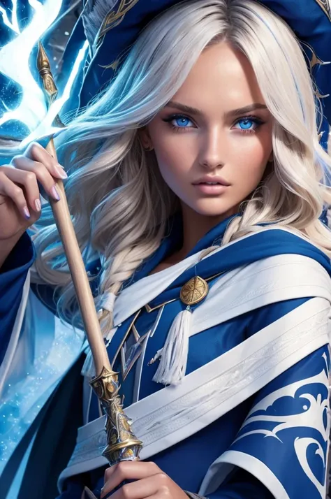 16 year old Romee Strijd dark elf mage, ultra-detailed face, ultra detailed blue eyes, long platinum blonde wavy messy hair, (wizard hat, wizard robes, cloak, staff, lightning), (((masterpiece)))