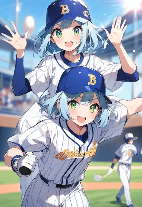 Light blue hair、Short Bob、Deep green eyes、Small breasts、Baseball uniforms and hats、Waving megaphones in support、side