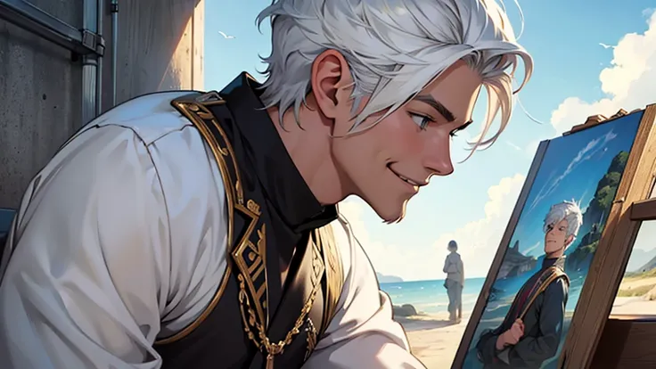 ((best quality)), ((work of art)), ((detailed)), young man with short white hair, in profile, smiling