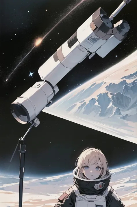 Highest quality, (masterpiece), Super detailed, (Illustrations for novels:1.2), (Korean webtoon style:1.2), (Bold), (High resolution:1.2), Dramatic Light, One girl, observatory, looking at space through long Telescope, space, planet, shooting star, light l...