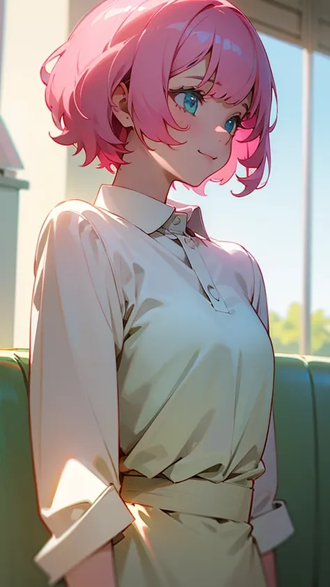 １girl、Trypophobia Eyes、Pink Hair、short hair、bangs、Green Eyes、Beautiful Eyes、White polo shirt、smile、profile、Face close-up、Morning Cafe Terrace、Background blur, Written boundary depth