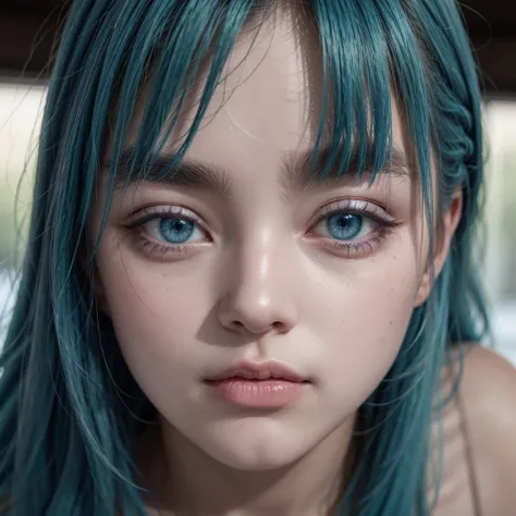 blue hair woman,eyes browns,