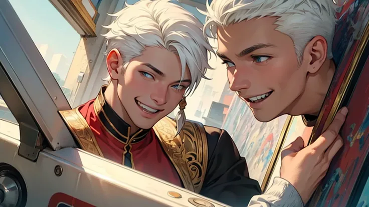 ((best quality)), ((work of art)), ((detailed)), young man with short white hair, laughing heartily, smiling