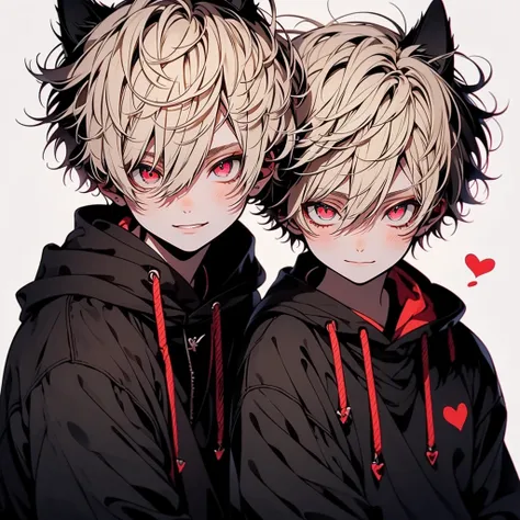 Beautiful youth, Wicked Smile, Blonde, Red eyes, short hair, Long, narrow eyes, Black hoodie with wolf ears, White Background, Dog Pose, Raise your shoulders, Flying black heart,high quality, Draw Amount, Pixiv illustration