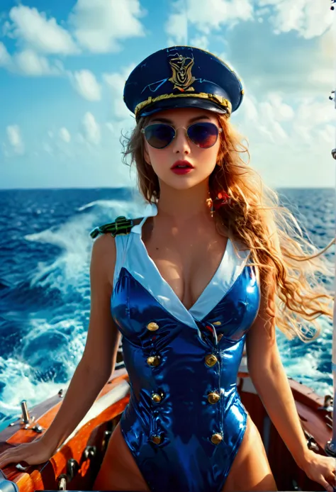 A stern woman (age 25, sexy navy costume, captains hat, sunglasses), standing on the prow of a submarine speeding at the surface of ocean, dramatic pose
