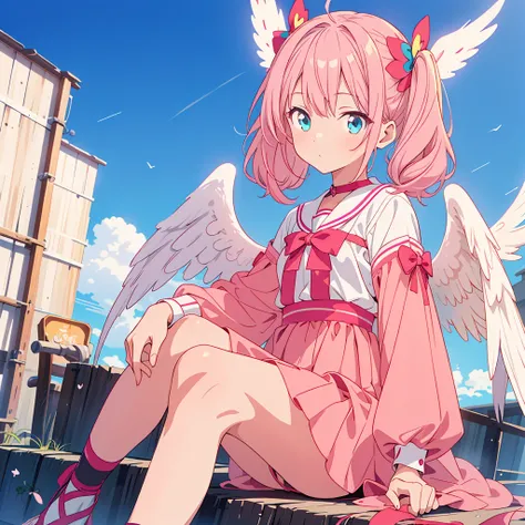 anime girl with pink hair and angel wings sitting on the ground, cute anime girl, angel girl, pixiv, pixiv style, (anime girl), pink twintail hair and cyan eyes, cute anime, of an beautiful angel girl, pretty anime girl, digital art on pixiv, anime visual ...