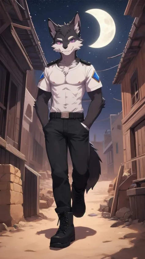 create a image of a furry wolf male with dark black fur purple  eyes pink inner ears black nose blue crystal in his chest no shirt wearing black jeans and black military boots he is smiling with his toung out anime furry fandom digital artstyle full body h...