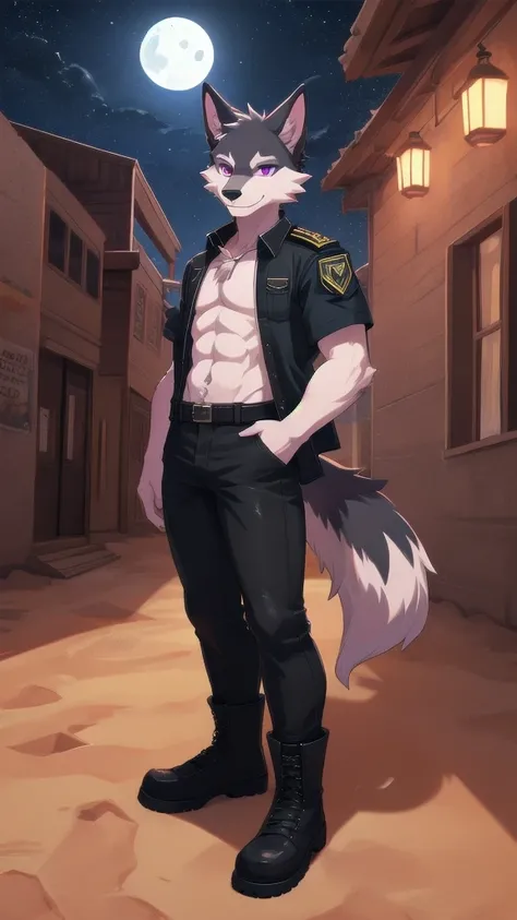 create a image of a furry wolf male with dark black fur purple  eyes pink inner ears black nose blue crystal in his chest no shirt wearing black jeans and black military boots he is smiling with his toung out anime furry fandom digital artstyle full body h...