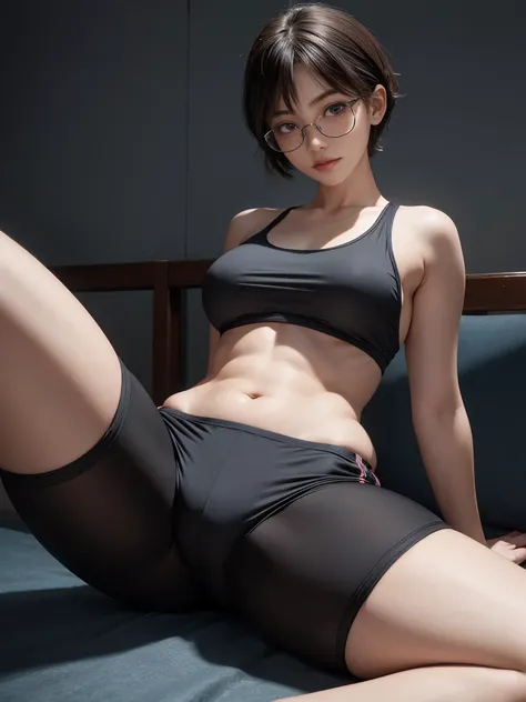 Front view、19 years old,1 Japanese female,　((Reclining))(Spread your legs)((The crotch area faces forward))(((Wear glasses)))((Wearing a tank top))((Her breasts are protruding))(((Wearing training shorts)))((Accentuated crotch))((Focus on fit around the cr...