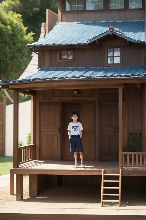 An imaginary house with an 11-year-old boy with wavy hair in front of it