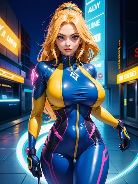 a digital painting of a woman with royal blue and yellow hair, wearing xmen rogue clothes, behance contest winner, afrofuturism,...