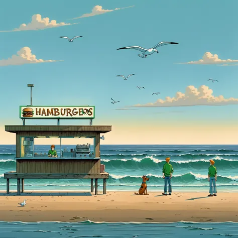 Scooby Doo distinct to original cartoon, ocean front fast food shack, operated by Scooby Doo and Shaggy, waves, sea breeze, seagulls,  The scene is minimal, serene, perfect, strange, candid, cinematic, surreal, and timeless. The hamburger grill is lost in ...