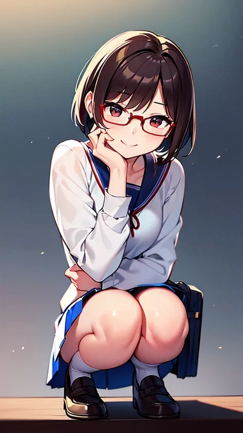 18-year-old、pretty girl , thin、Short brown hair,squat、surprise、mischief、Saucy、 Provocative smile、Shyness、Steam rises around her, Shooting from below, One Girl, Very short hair, Red frame glasses、White blouse, Navy Blue Skirt, Navy blue socks, Brown Loafers...