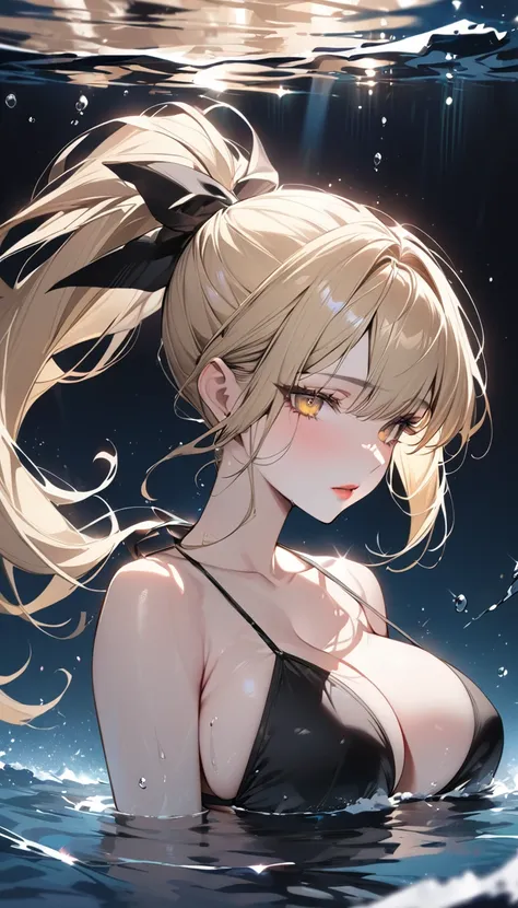 Highest quality　masterpiece　High resolution　Long blonde hair　　ponytail　Character Portrait　Yellow Eyes　Pale pink lips　Big Breasts　Fluffy body　Black Bikini　Ocean　Dazzling Water　Floating Feeling　Pale Light