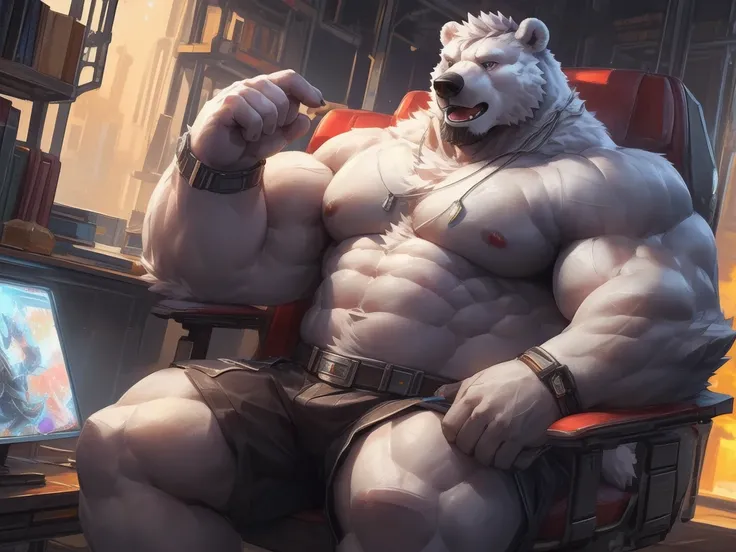 lindong, lucusold, a man with a huge muscular (white bear, polar bear 🐻‍❄️) sitting in gaming chair, streamer, pc and monitor, ((muscular, sixpack, pectoral)), thicc, giant and muscular, danbooru and artstation, heavy detailed, insanely inflated hips, prop...