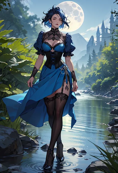 Ultra detailed skinny man (gay man, goth, tan skin, lattin, long blue dress, corset, fashion, long dark blue hair, shallow river, wild, walking, pose, frogs, moon, magic, bottom up view, high heels over the knee)