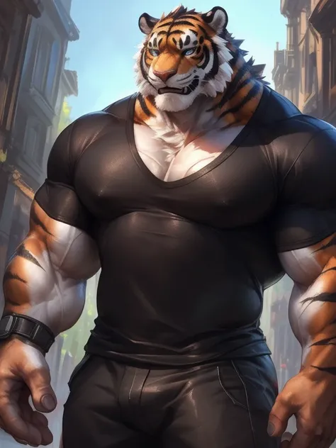 by lindong, lucusold, lanxus, a man with a huge muscle, furry tiger wearing ((thin T-shirt )), ((muscular, eightpack)), marvelous smile , thick, lowres, giant and muscular, danbooru and artstation,furaffinity,X.com, heavy detailed, insanely inflated hips, ...