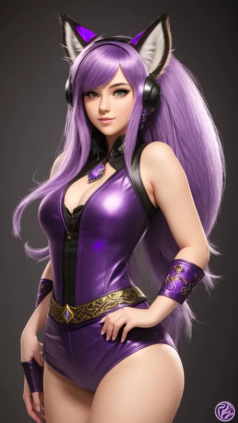 Young woman, Amethyst hair, purple lynx ears, purple lynx tail, fuller bust