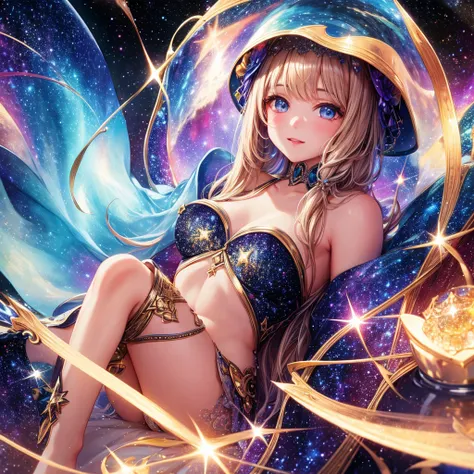 High Detail, Super Detail, Ultra-high resolution, Girl enjoying time in fantasy galaxy, Surrounded by stars, The warm light shines on her, Background is starry sky，There are colorful galaxies and galaxy clouds, Stars flew around her, Delicate face, Add a f...