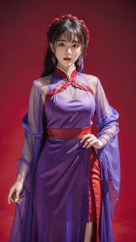 red background,dancing,,ruanyi0752,hanfu,purple dress,see-through,wide sleeves,cowboy shot,score_9,score_8_up,score_7_up,,8k,1girl,solo,