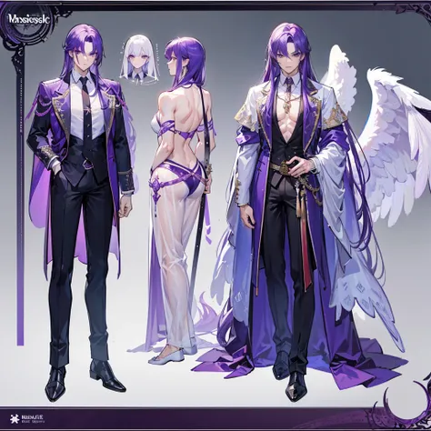 (Masterpiece, best quality), detailed, 1 man, ((character concept art)), ((character design sheet, same character, front, side, back)), full body, body complete, 1 Male angel, 1 Man angel, Detailed face, character design sheet，full bodyesbian, Highly detai...