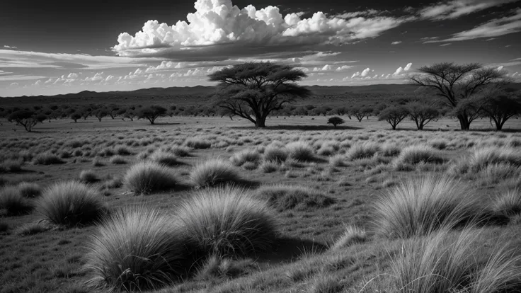 African savanna vegetation in black and white 