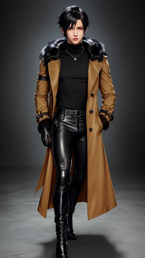 Final fantasy taste and reality graphics, Japanese young cute and cool ikemen  boy, his age is early 20s, thin eyebrows and beady eyes,  he wearing orange beige color double brest very thick trench coat, with a black color neck fur.,neck fur is black color...