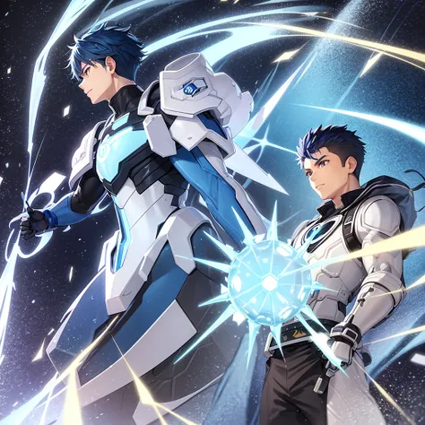 Full body view of a bi-racial blue haired boy and brown eyes wearing an ice themed superhero suit with a snowflake in the center of his suit in the streets of Akihabara Japan